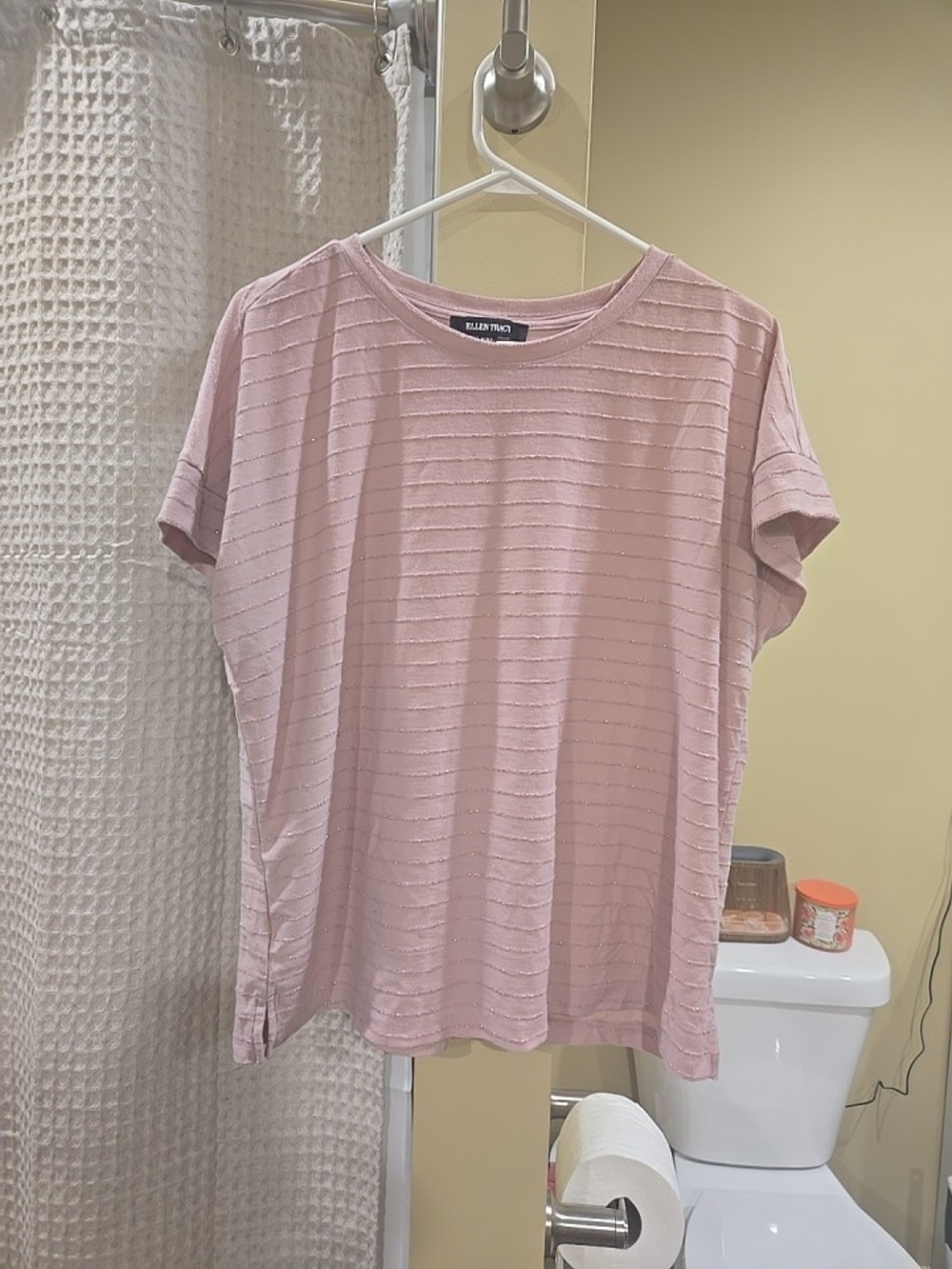 Ellen Tracy XXL Dusty Pink Short-Sleeve Ribbed Tee With Shimmer Stripes
